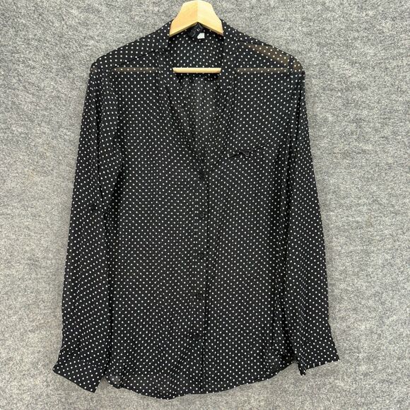 KUT Shirt Women L Large Black Polka Dot Button Up V-Neck Long Sleeve Sheer - Picture 1 of 6